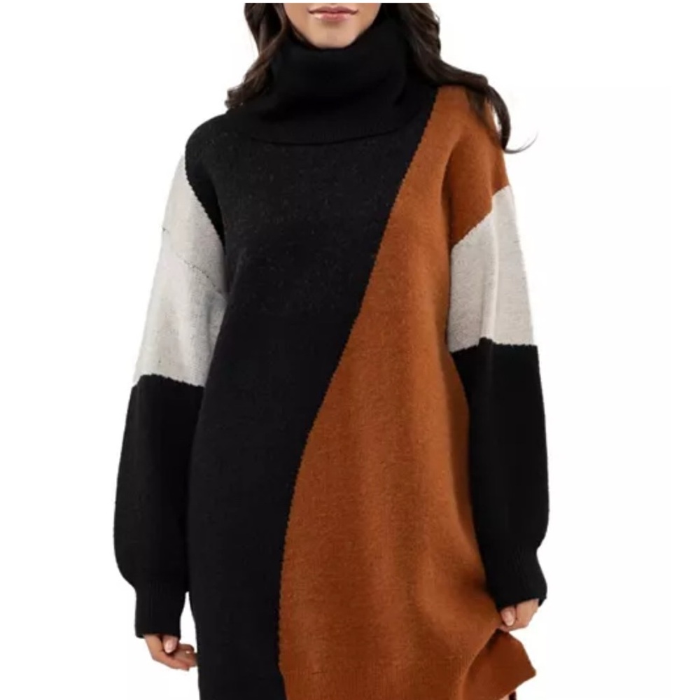 Blu Pepper Tri-Tone Turtleneck Sweater - Black, Brown, Cream